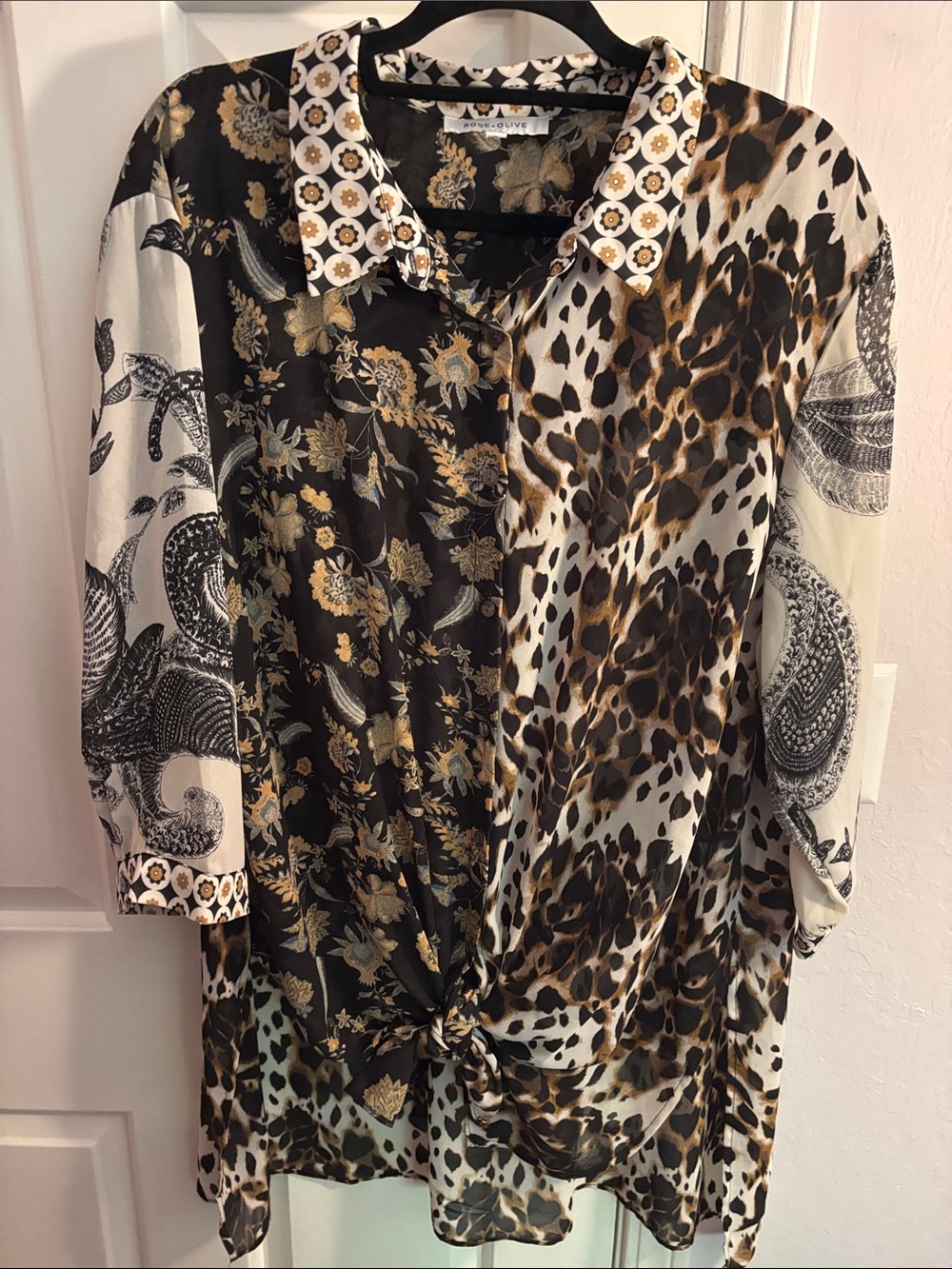 Rose & Olive Mixed-Print Button-Front Dress in Black, Brown & Cream - Picture 3 of 3